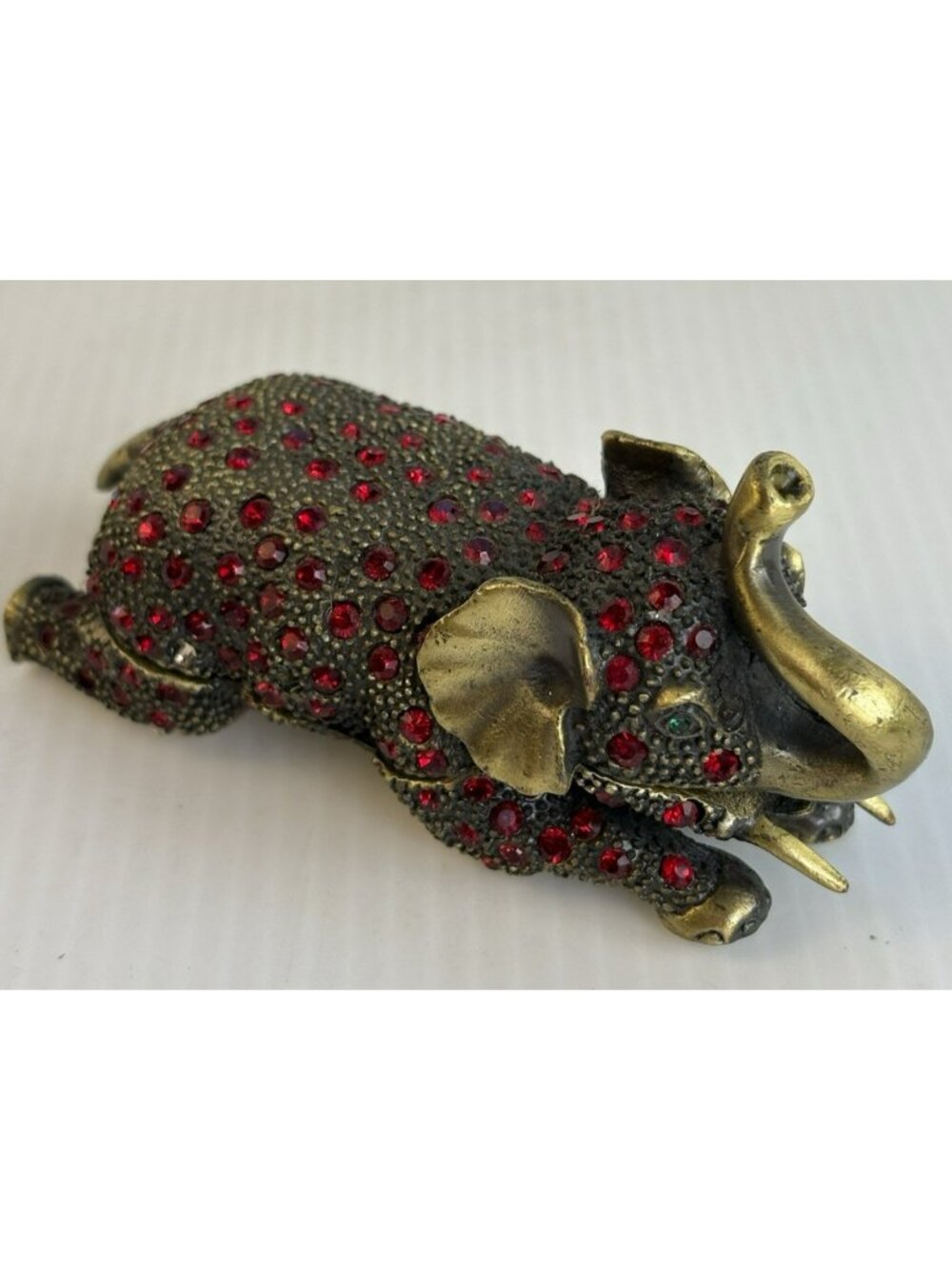 Vintage Brass Heavy Weight Elephant Trinket Ring Dish with Encrusted Rhinestones